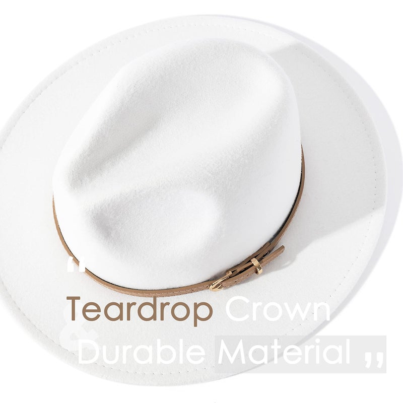 Lisianthus Women Classic Felt Fedora Wide Brim Hat with Belt Buckle A-White - Image 2